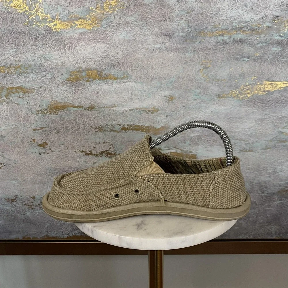 Sanuk Shoes Mens Size 5 Beige Canvas Slip On Casual Comfort Loafers Moc Toe